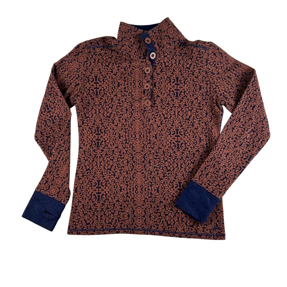 KAVU Pullover Shirt Womens Medium Blue Floral Henley Thumbholes Long Sleeve